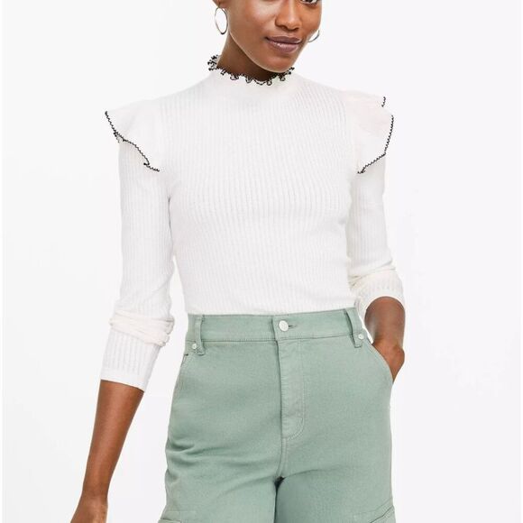 Loft pointelle white ribbed ruffle sleeve top size medium - Picture 1 of 9